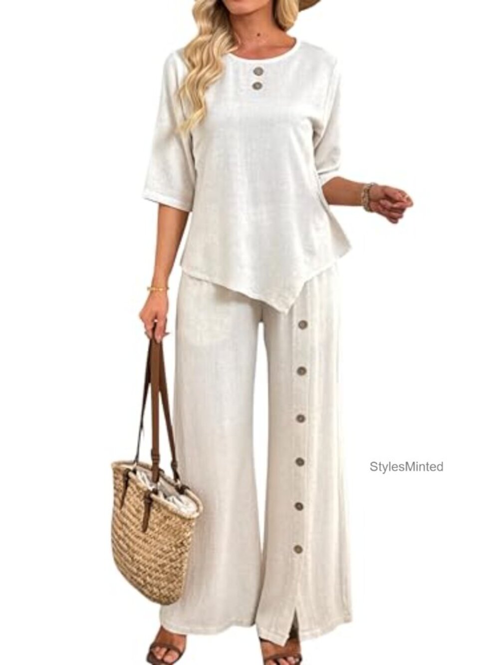 Linen Cotton 2 Piece Outfit 3/4 Sleeve Top Wide Leg Pants Set